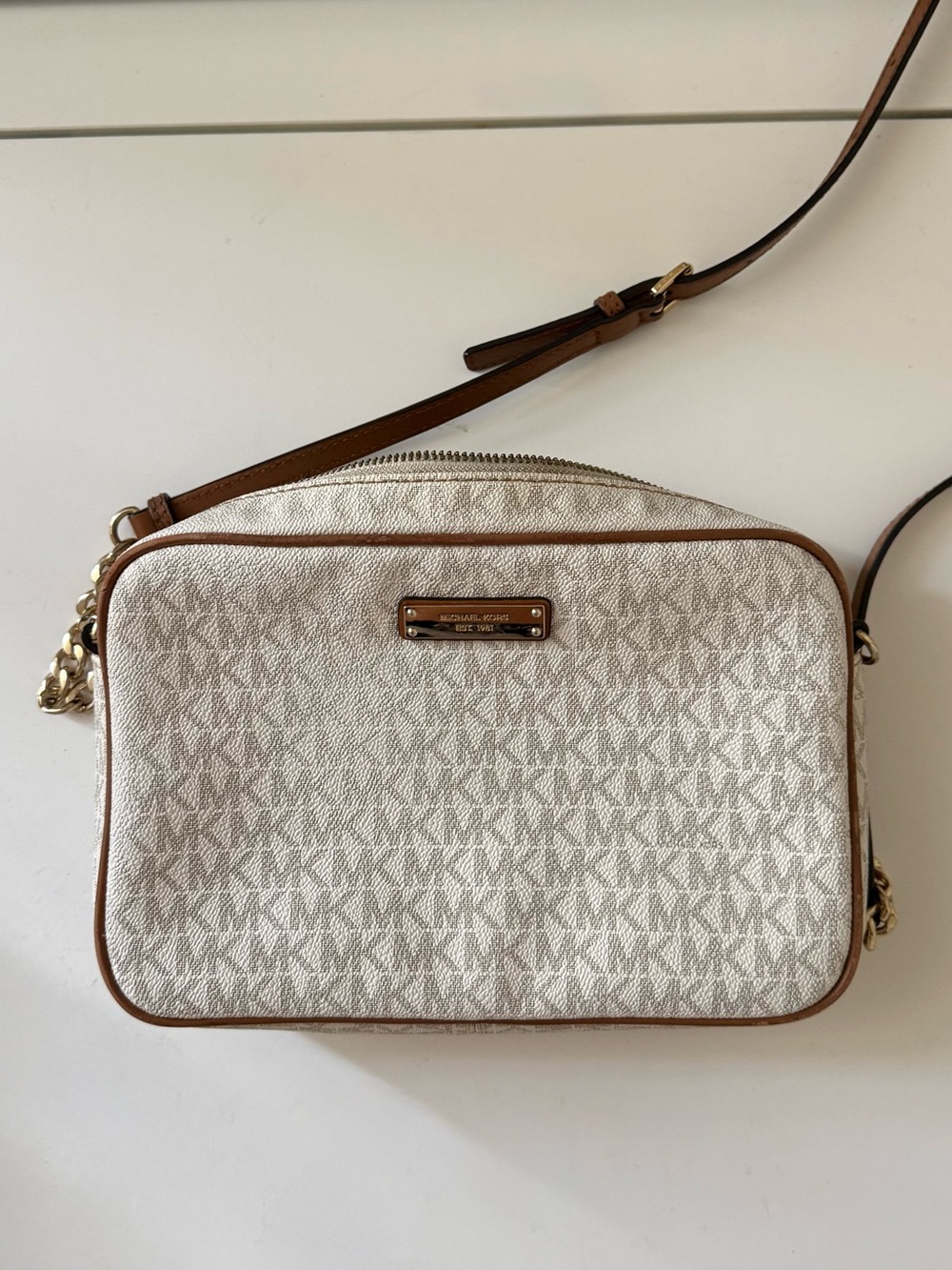 Michael Kors Cream Logo Crossbody with Brown Trim